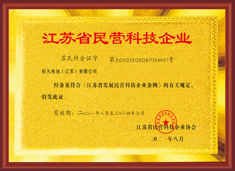佰凡電池(江蘇)有限公司獲評“江蘇省民營科技企業(yè)”(圖1) 佰凡電池(江蘇)有限公司獲評“江蘇省民營科技企業(yè)”(圖1)