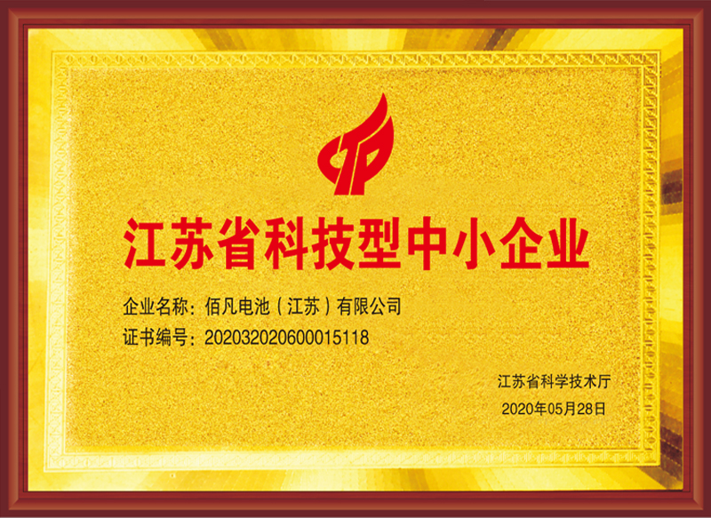佰凡電池獲評“江蘇省科技型中小企業(yè)”(圖1) 佰凡電池獲評“江蘇省科技型中小企業(yè)”(圖1)